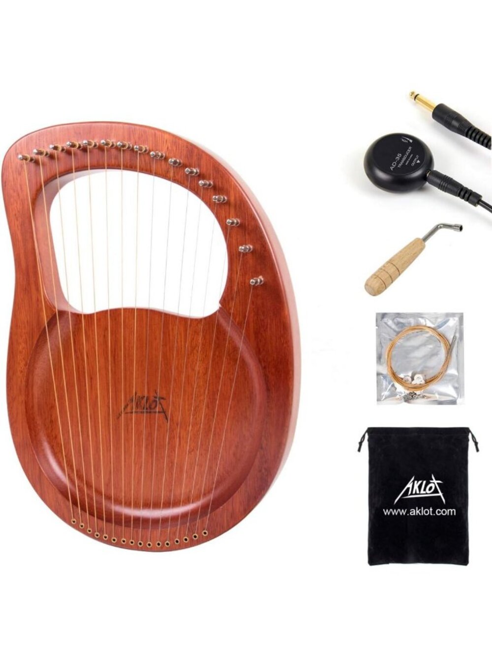 16-String Mahogany Lyre Harp with Tuning Wrench, Spare Strings & Gig Bag
